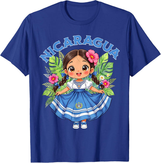 Cute Nicaragua Girl Traditional Dress with Flag Art for Kids T-Shirt - T-Shirt | Royal