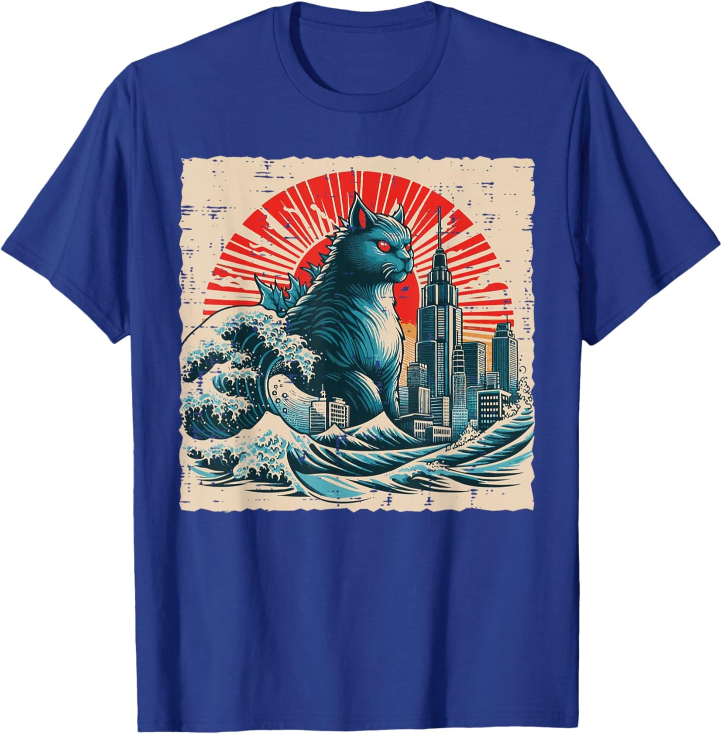 Japanese Cat Monster Great Wave City Ukiyo-e Men Women Kids T-Shirt - T-Shirt | Royal