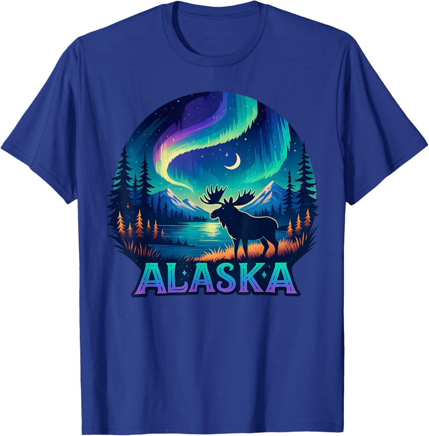 Alaska Northern Lights Aurora Viewing Alaska Vacation Moose T-Shirt - T-Shirt | Royal