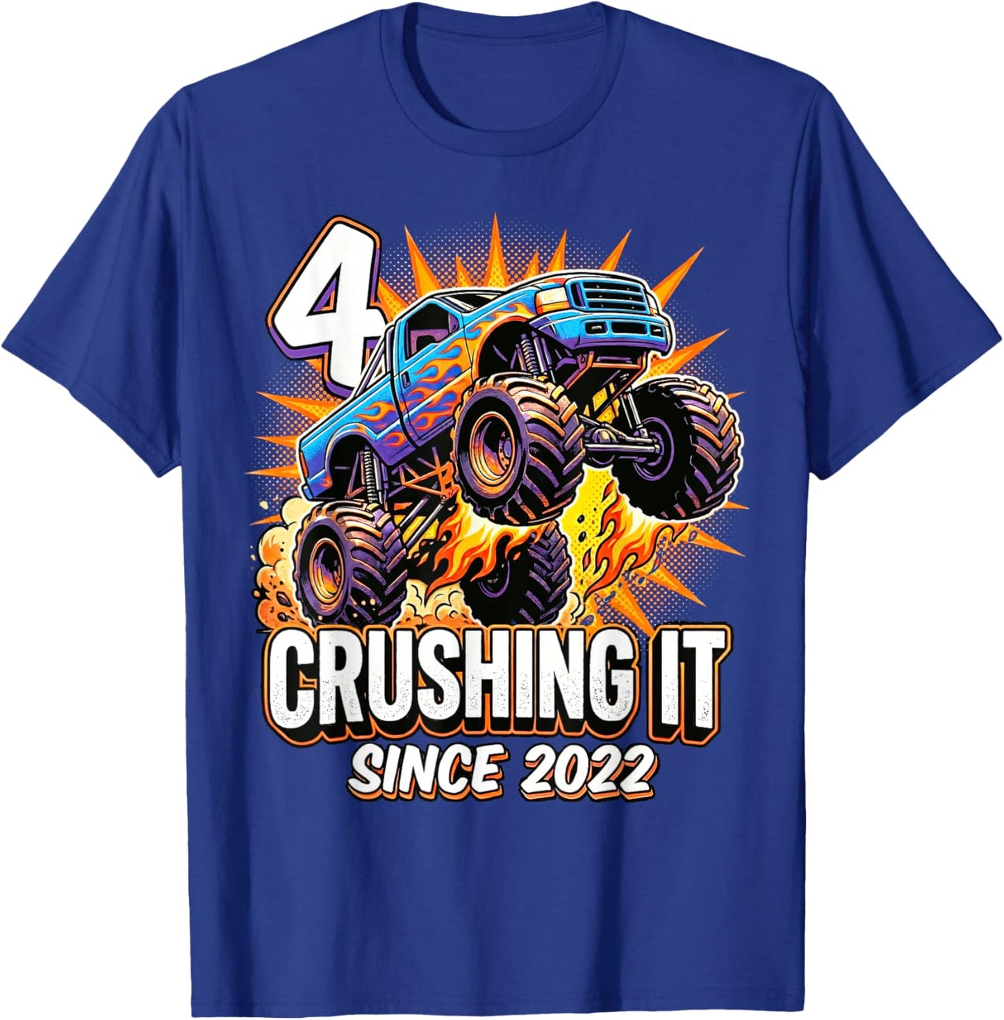 Birthday Monster Truck 4 Year Old Boys 4th Party Born 2022 T-Shirt - T-Shirt | Royal
