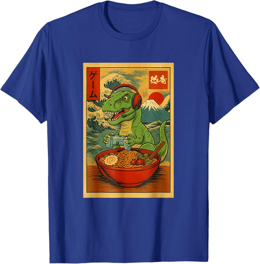 T-Rex Dinosaur Gaming Ramen Japanese Ukiyo-e Great Wave T-Shirt - T-Shirt | Royal