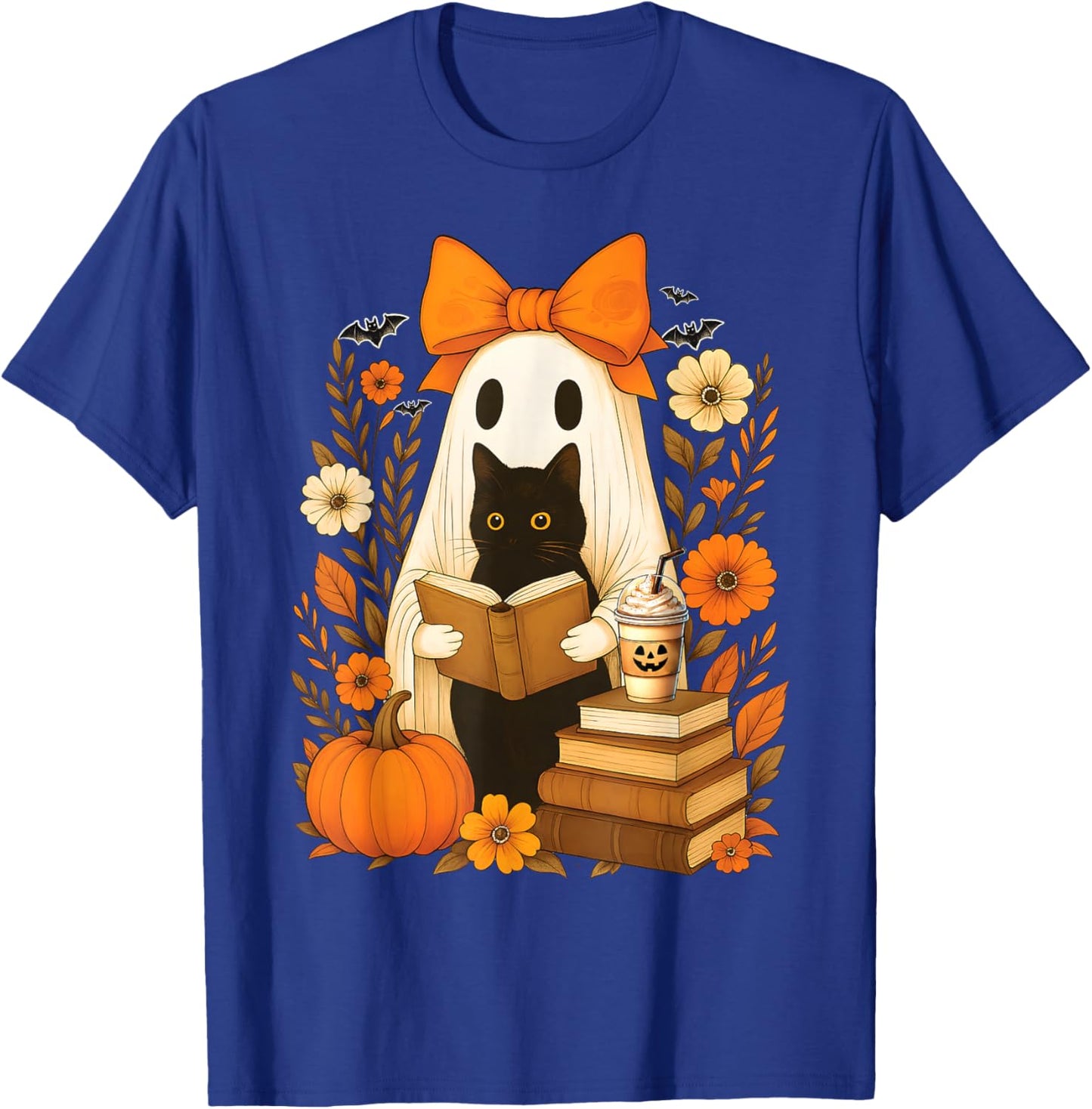 Groovy Floral Vintage Halloween Ghost Reading Book Cat Lover T-Shirt - T-Shirt | Royal