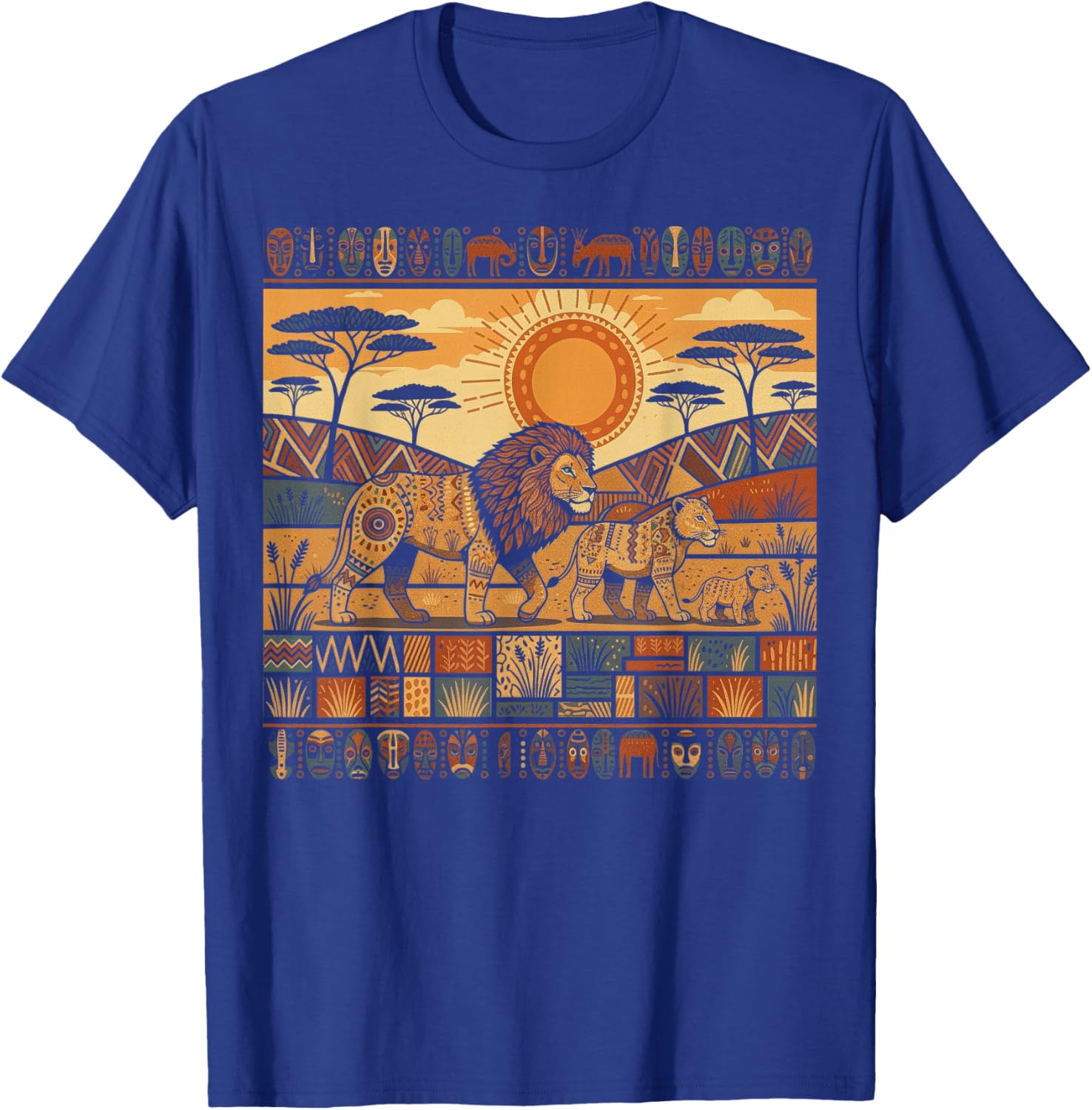 African Lion Family Tribal Kente Pattern Safari Ghana T-Shirt - T-Shirt | Royal