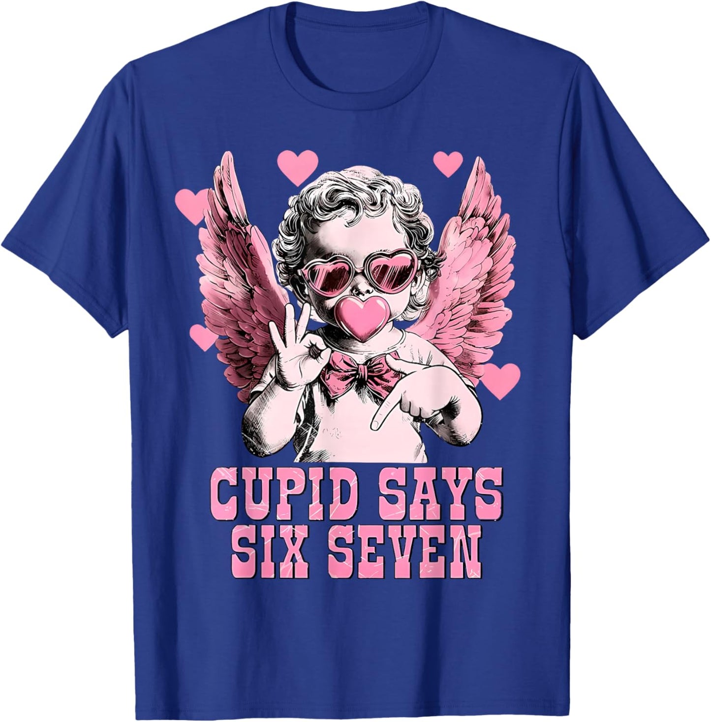 Retro Cupid Says Six Seven Hands Sign Blowing Bubble Hearts T-Shirt - T-Shirt | Royal