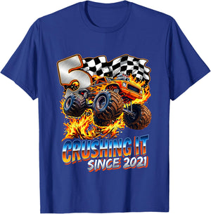 Kids Birthday Monster Truck Boys 5 Crushing It Since 2021 T-Shirt - T-Shirt | Royal