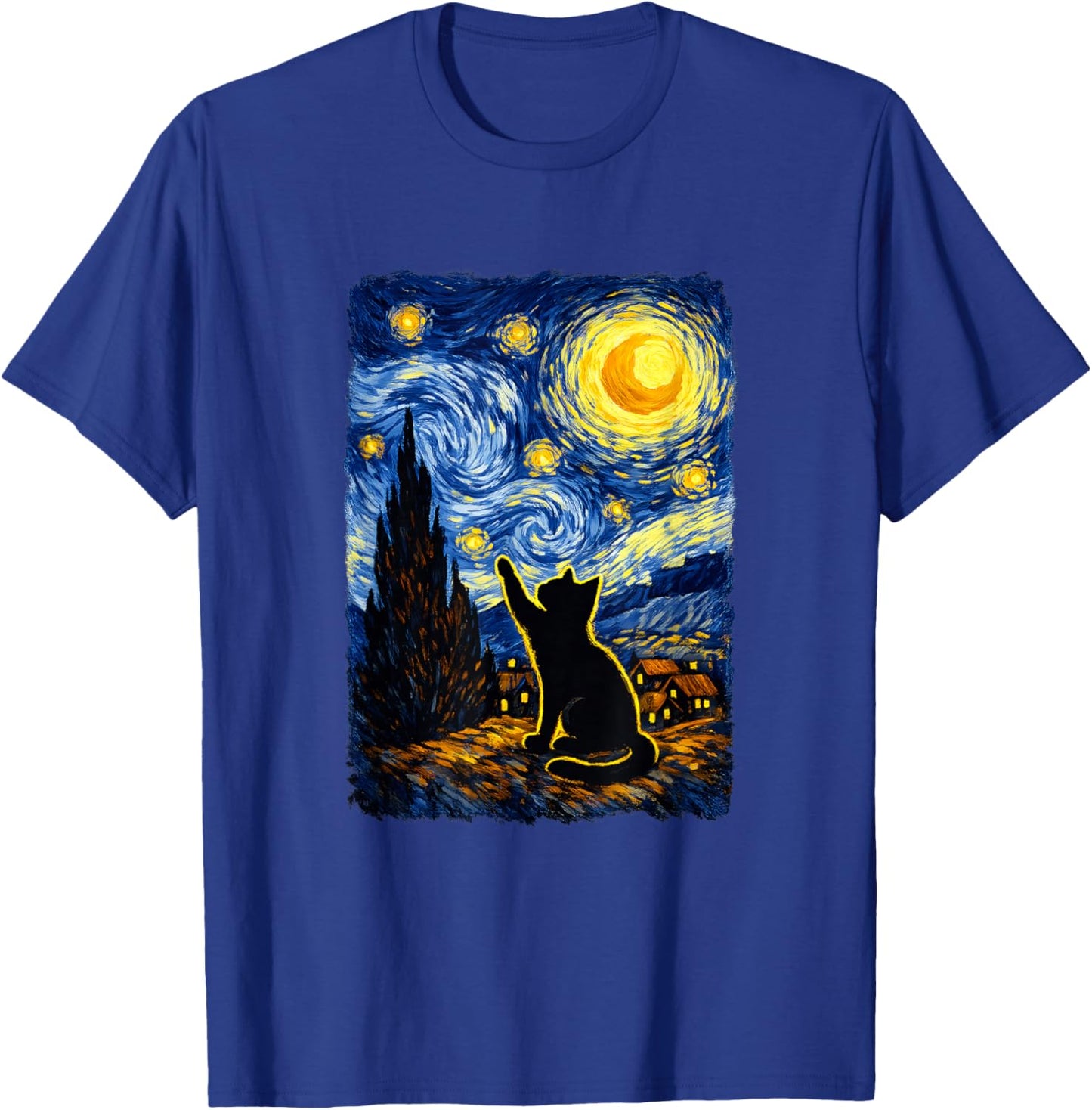 Starry Night Cat Art PostImpressionist T-Shirt - T-Shirt | Royal