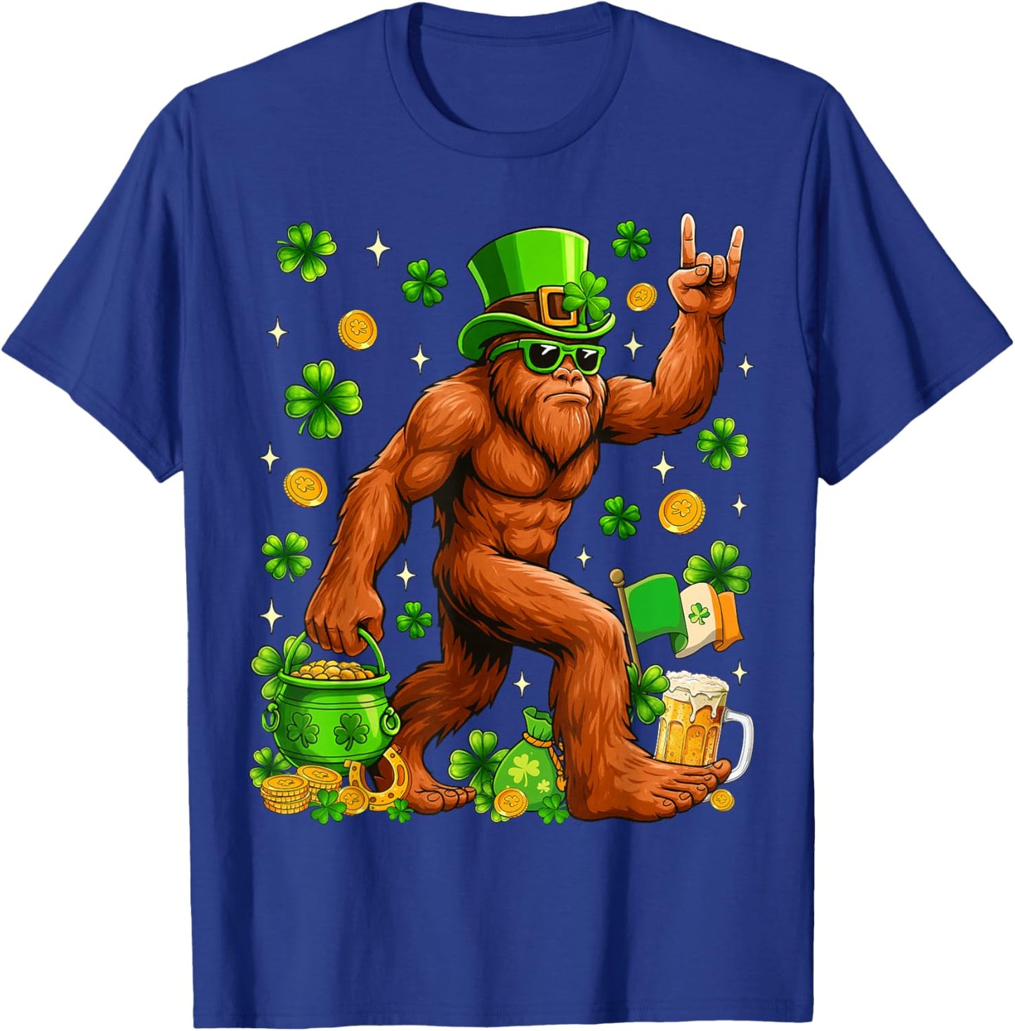 St Patricks Day Bigfoot Sasquatch Shamrock Men Women Kids T-Shirt - T-Shirt | Royal