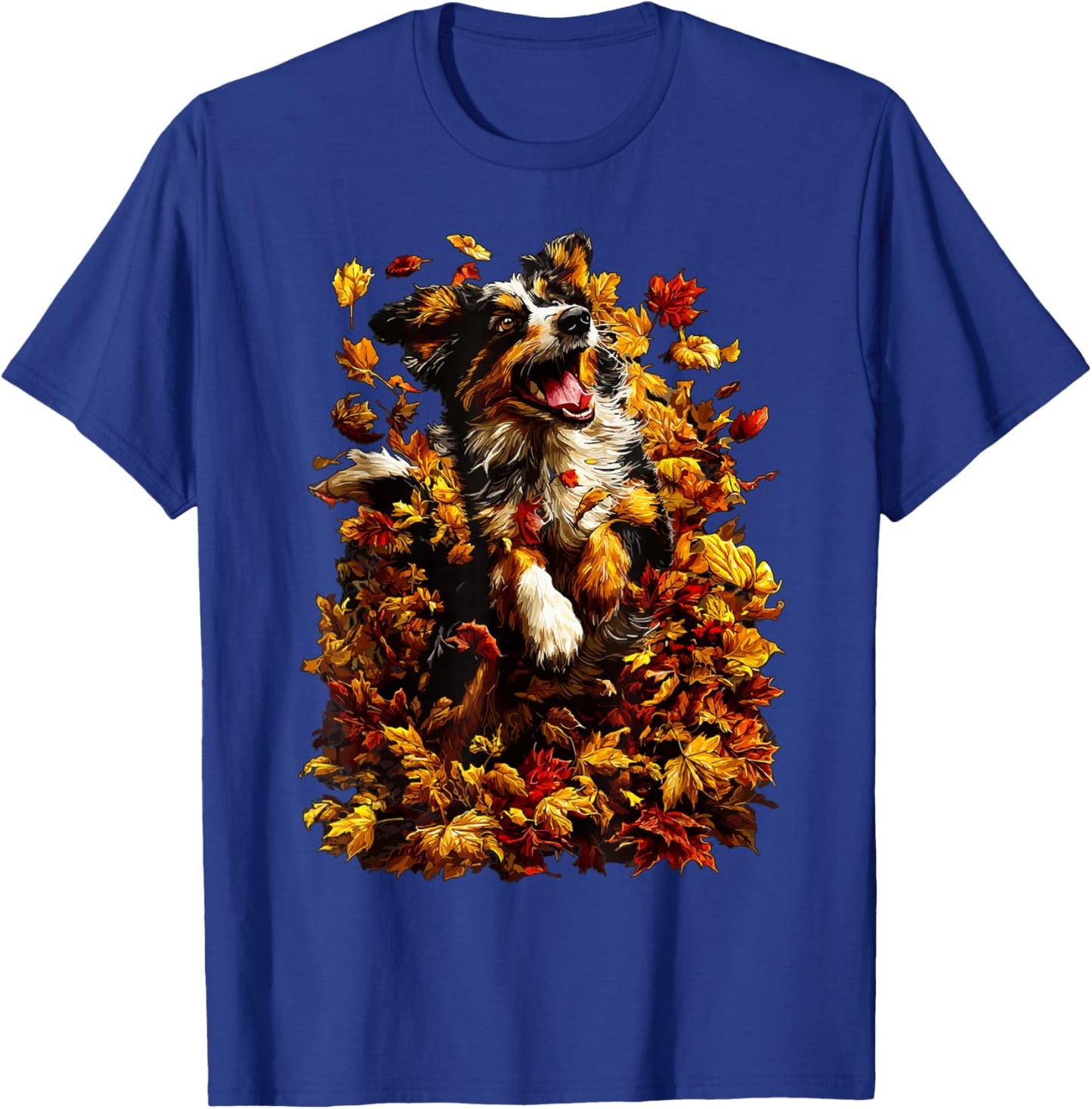 Cute Australian Shepherd with Fall Leaves Autumn Aesthetic T-Shirt - T-Shirt | Royal