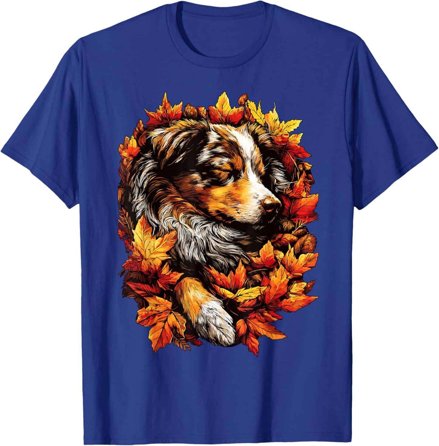 Sleeping Australian Shepherd Fall Leaves Autumn Aesthetic T-Shirt - T-Shirt | Royal
