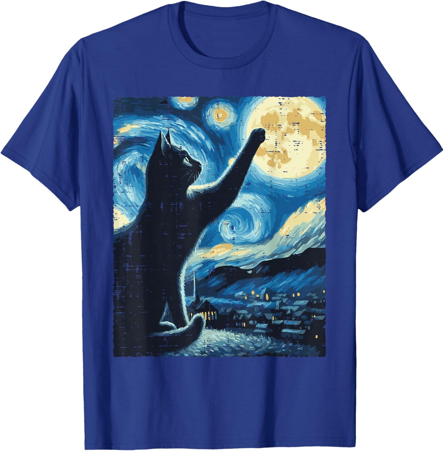 Cat Reaching Moon Starry Night Funny Kitten Men Women Kids T-Shirt - T-Shirt | Royal