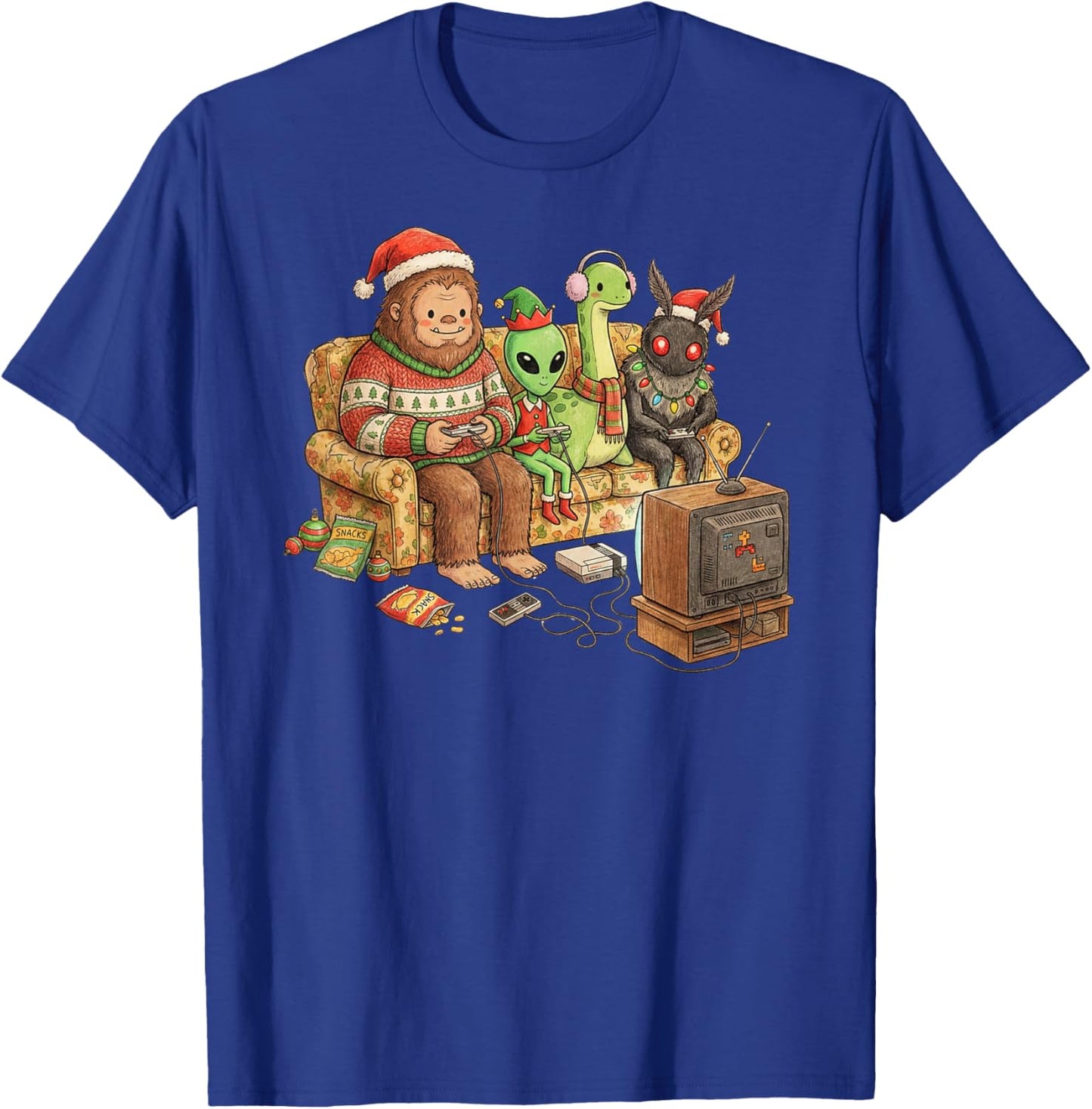 Bigfoot Alien Nessie Mothman Retro Gaming Christmas Party T-Shirt - T-Shirt | Royal
