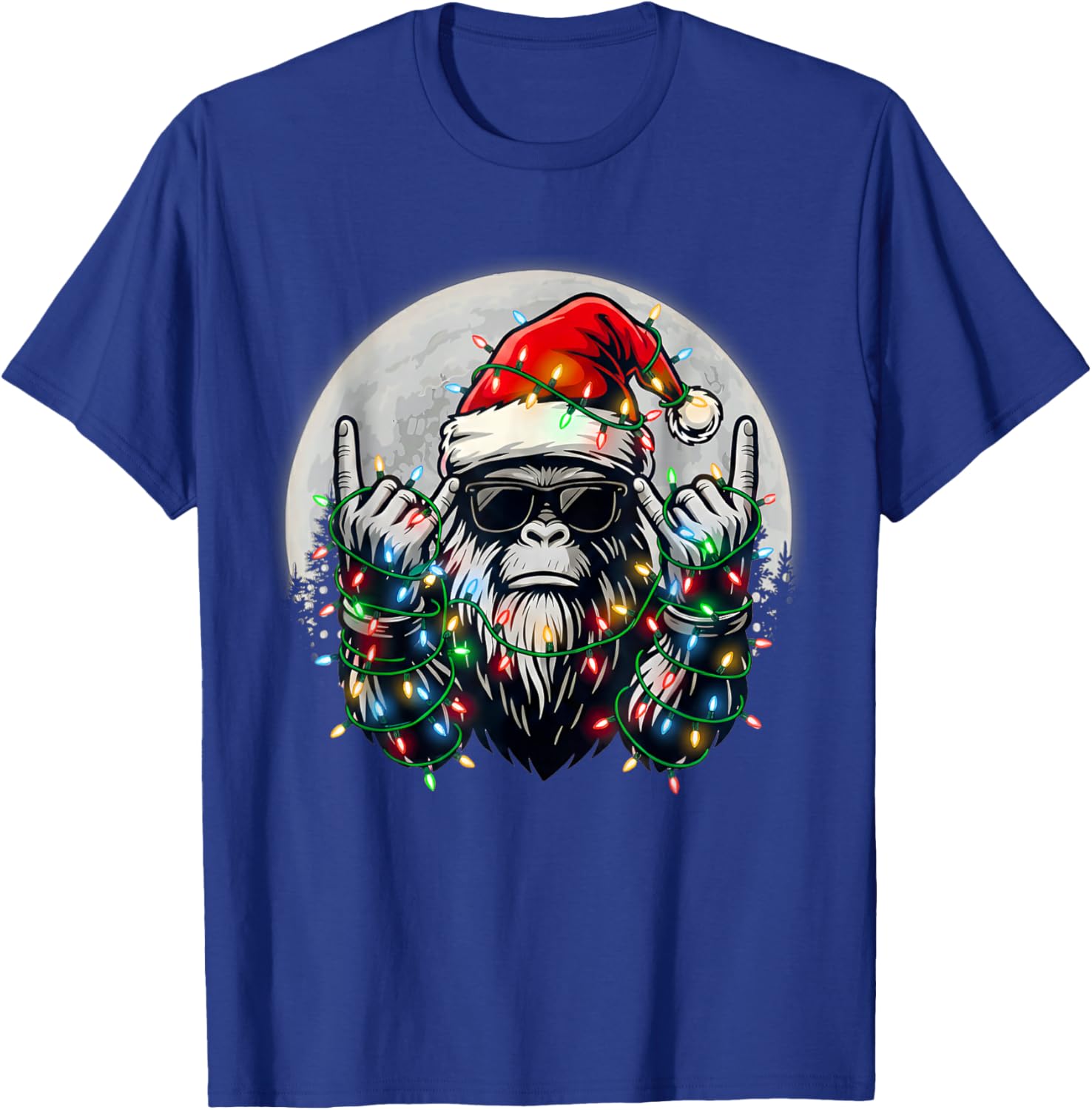 Santa Bigfoot Christmas Tree Xmas Lights Funny Sasquatch T-Shirt - T-Shirt | Royal