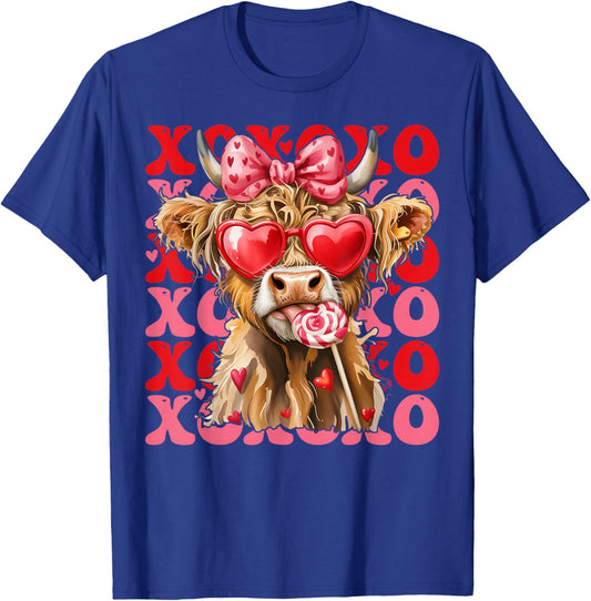 Valentine XOXO Highland Cow Cute Coquette Bow Western T-Shirt - T-Shirt | Royal