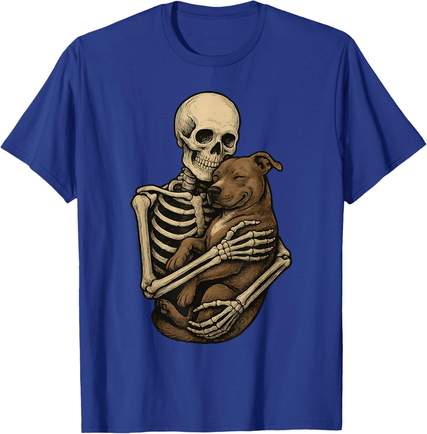 Skeleton Hugging Pittie Dog Pit Bull Funny Halloween T-Shirt - T-Shirt | Royal