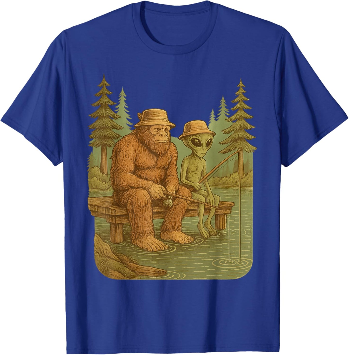 Funny Bigfoot Sasquatch Alien Fishing Outdoors Lake River T-Shirt - T-Shirt | Royal