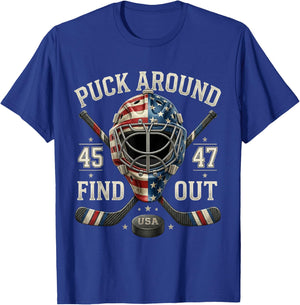 Funny Retro Puck Around and Find Out Funny Hockey Us Flag T-Shirt - T-Shirt | Royal