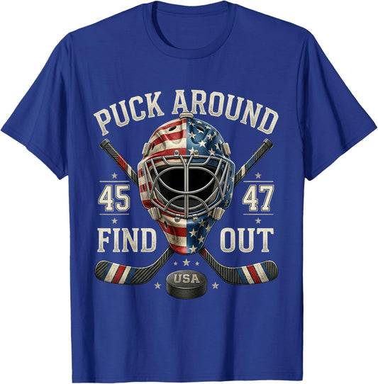 Funny Retro Puck Around and Find Out Funny Hockey Us Flag T-Shirt - T-Shirt | Royal