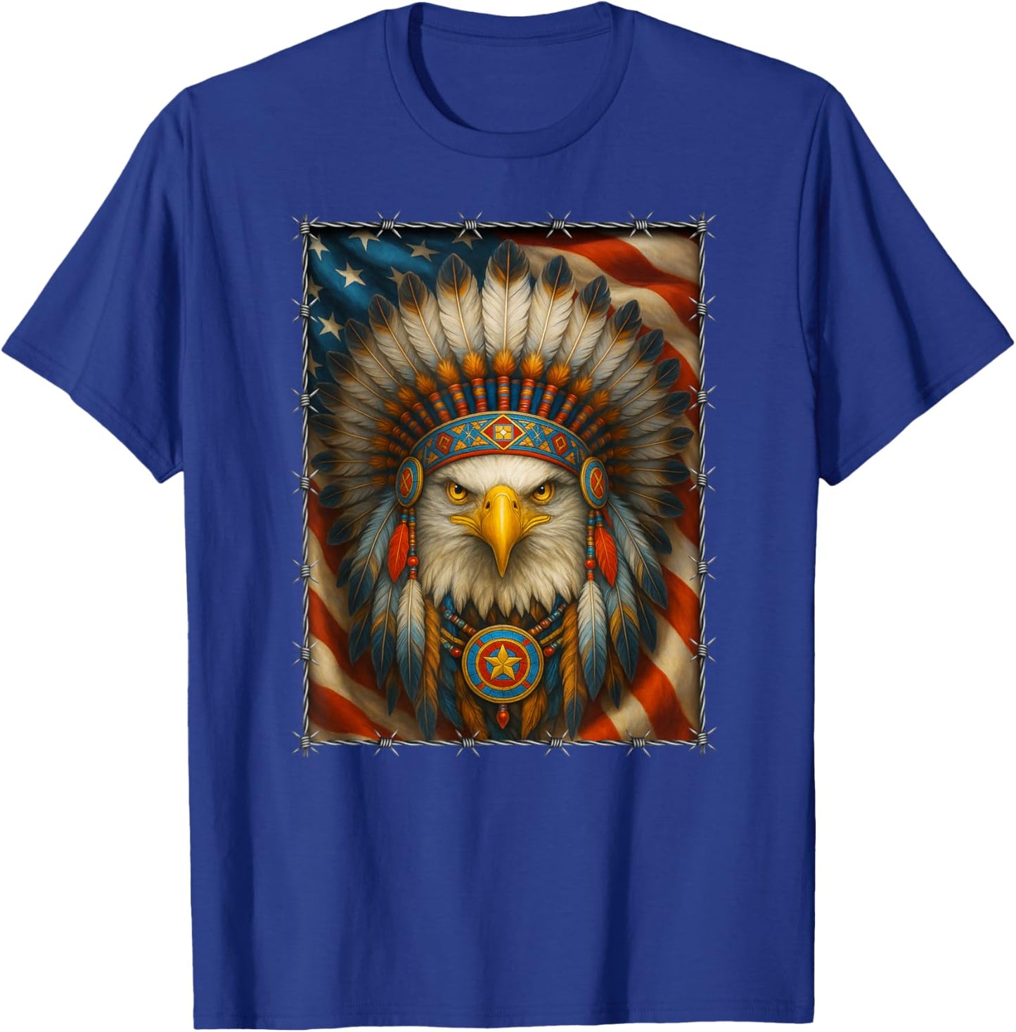 Native American - Indian Headdress Eagle - Navajo USA Flag T-Shirt - T-Shirt | Royal