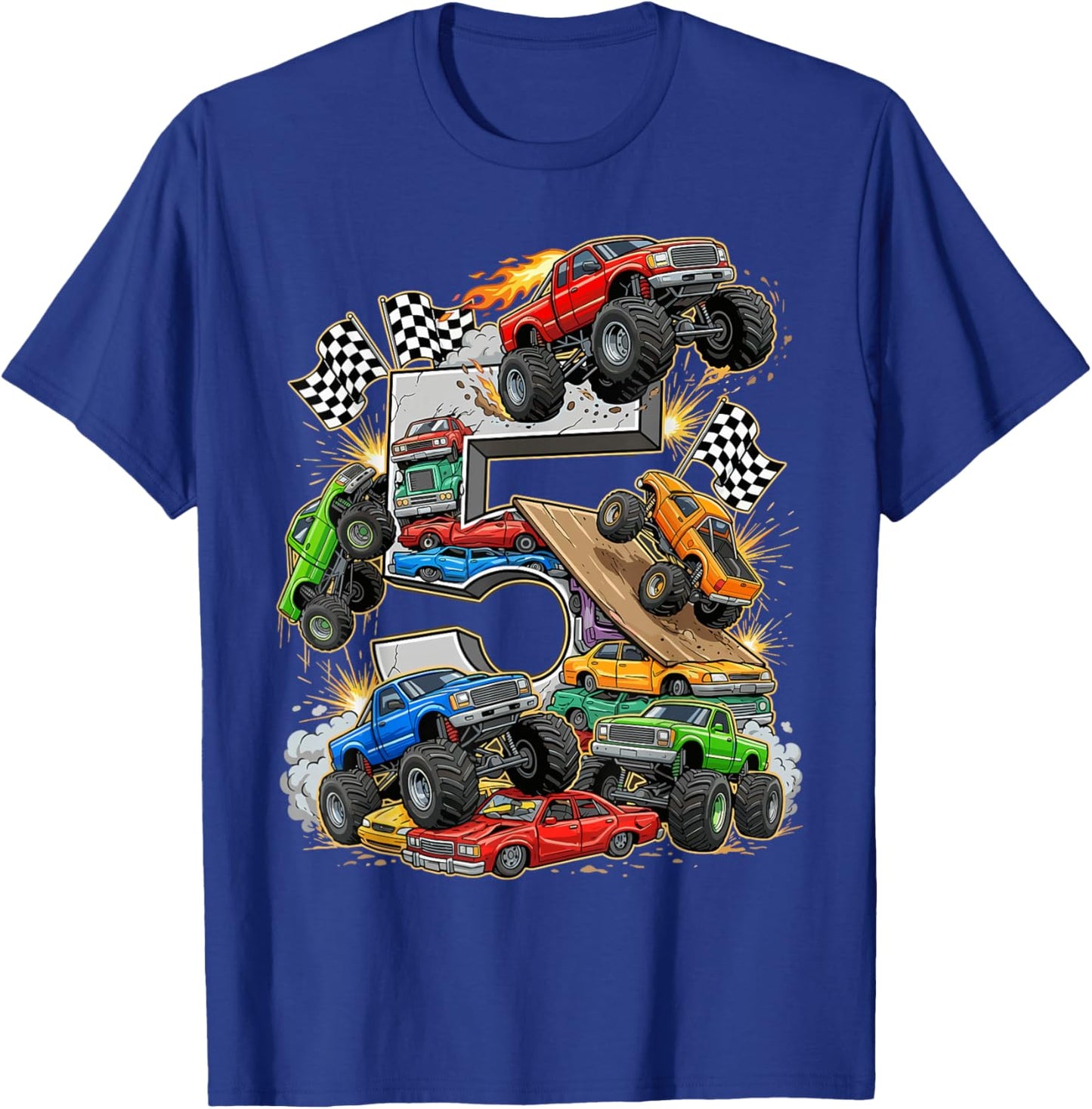 5th Birthday Monster Truck Racing Birthday Boy Party T-Shirt - T-Shirt | Royal