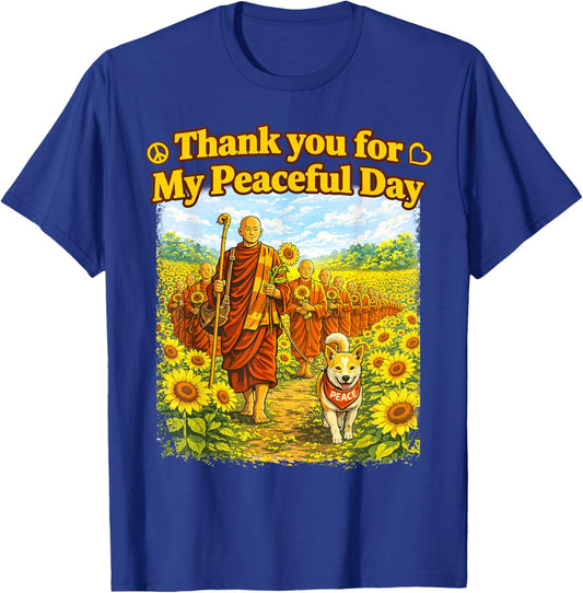 Sunflower Walk for Peace with Monks and Aloka The Peace Dog T-Shirt - T-Shirt | Royal