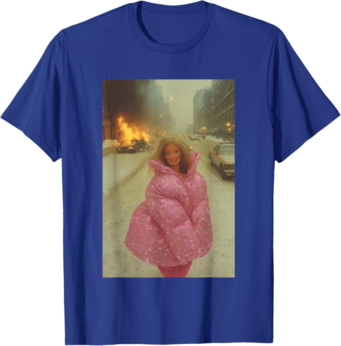 Funny Chaotic Disaster Doll Burning Background on fire Meme T-Shirt - T-Shirt | Royal
