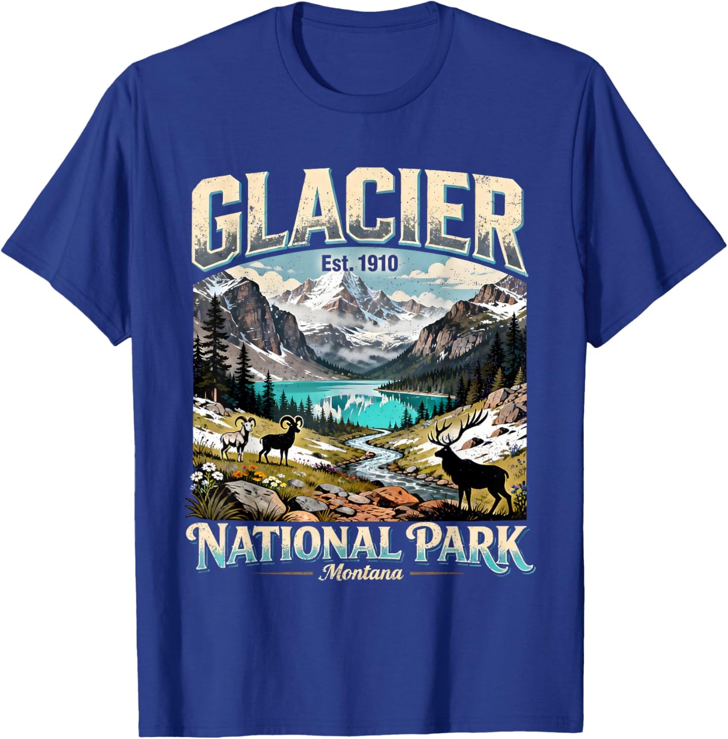 Glacier National Park Montana Vintage Nature Art T-Shirt - T-Shirt | Royal