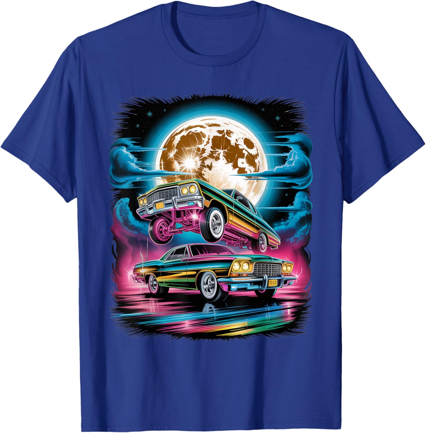 Vintage Retro 90s Airbrushed Classic Cars Under Full Moon T-Shirt - T-Shirt | Royal