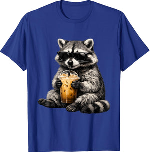 Raccoon Drinking Iced Coffee Retro Cool Animal Humor Funny T-Shirt - T-Shirt | Royal