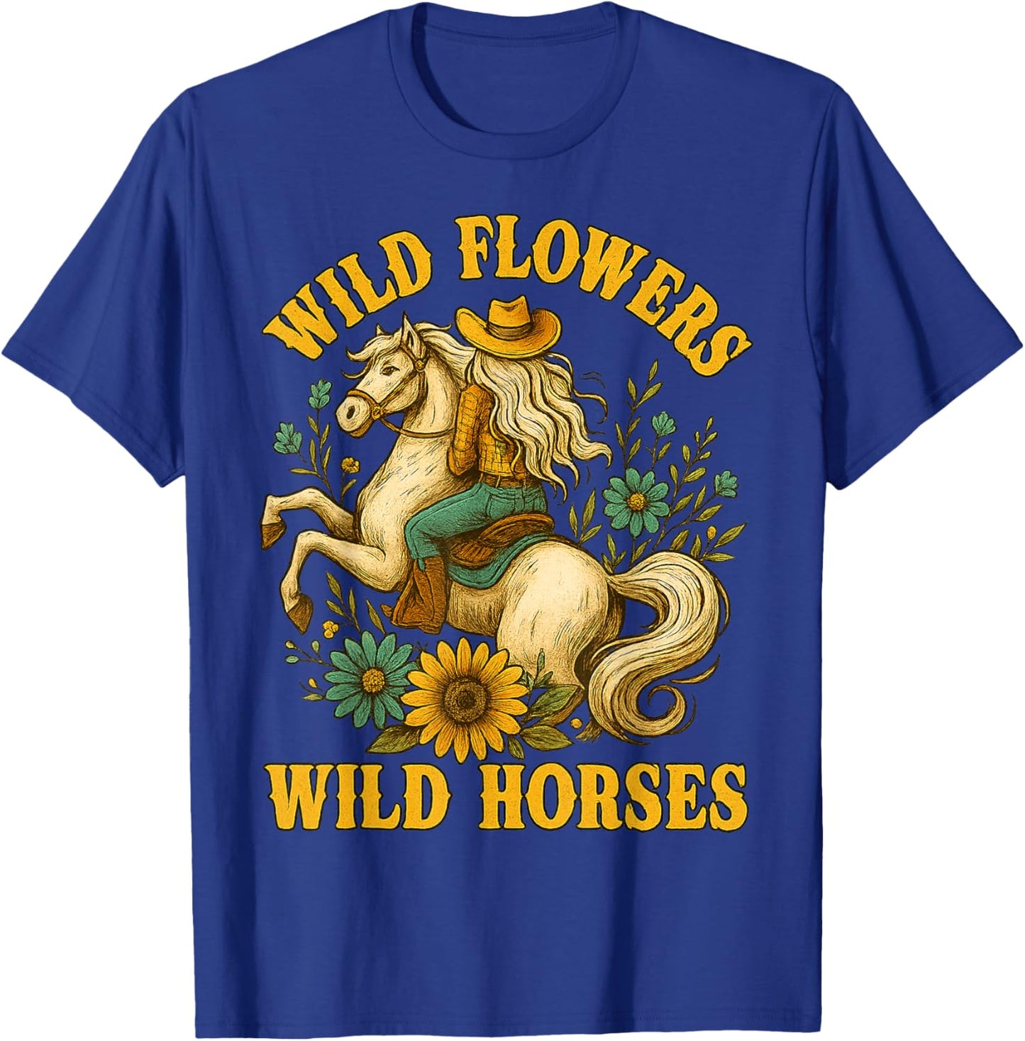 Flowers Wild Horses Cowgirl Western Vintage Gifts Women Girl T-Shirt - T-Shirt | Royal