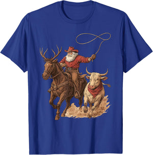Funny Santa Cowboy Rodeo Reindeer Western Horse Roping Xmas T-Shirt - T-Shirt | Royal