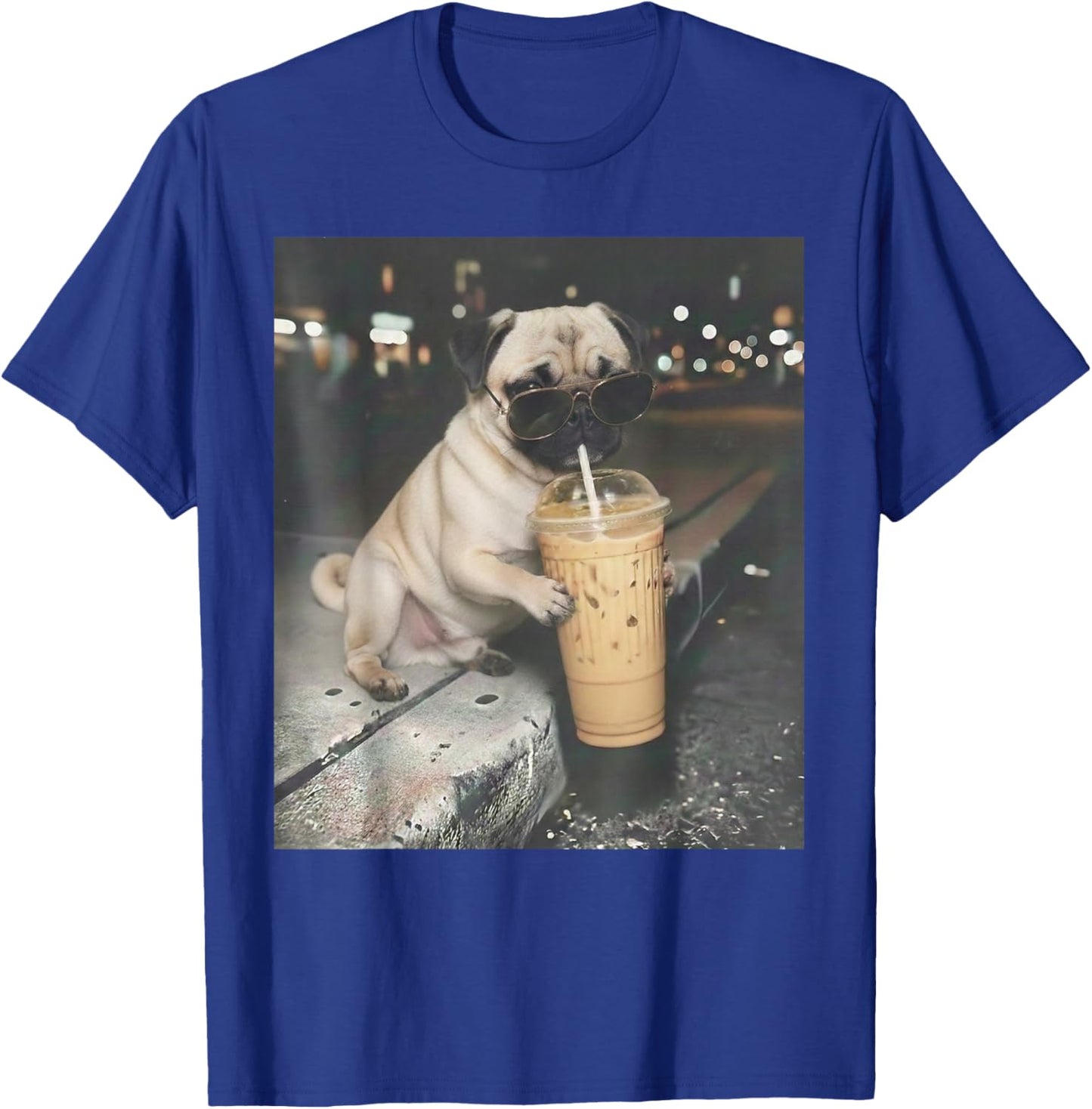Pug Drinking Iced Coffee Funny Animal Meme Dog Pug Lover T-Shirt - T-Shirt | Royal