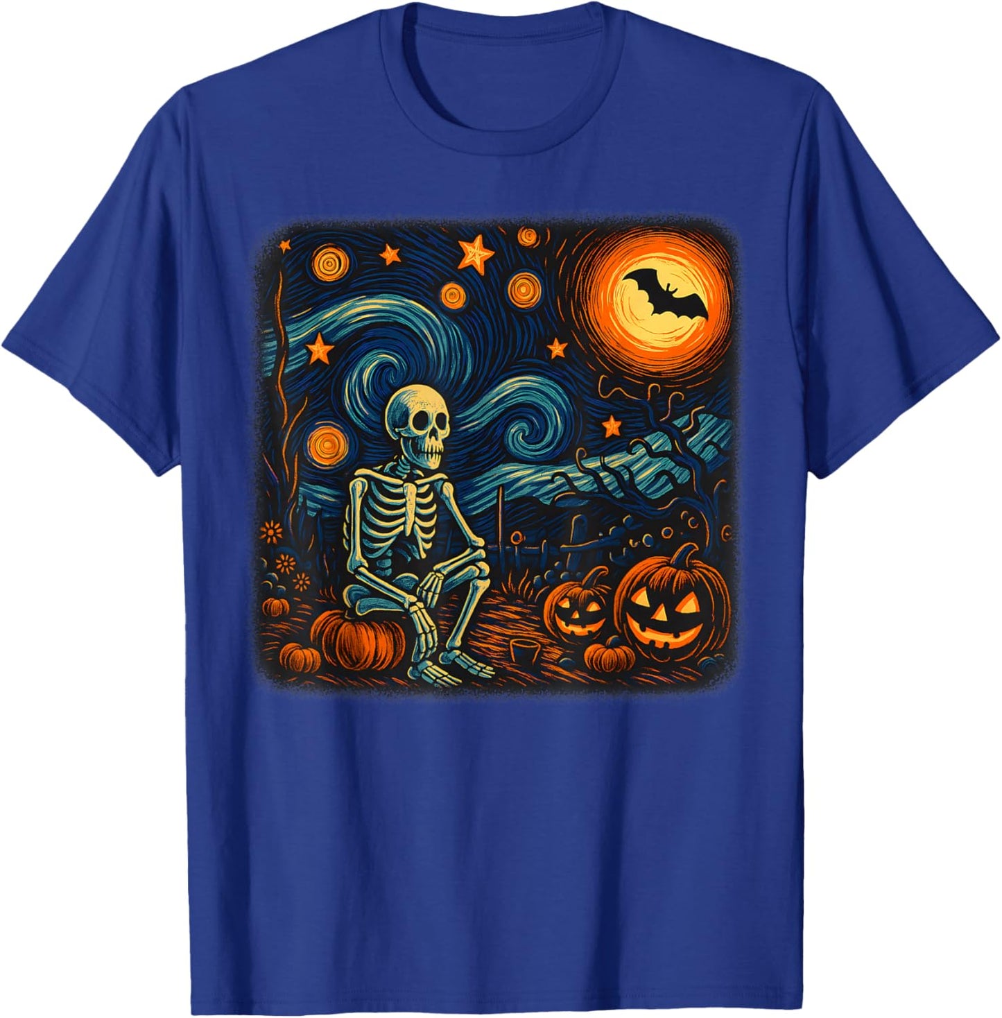Halloween Skeleton Starry Night Van Gogh Pumpkin Men Women T-Shirt - T-Shirt | Royal