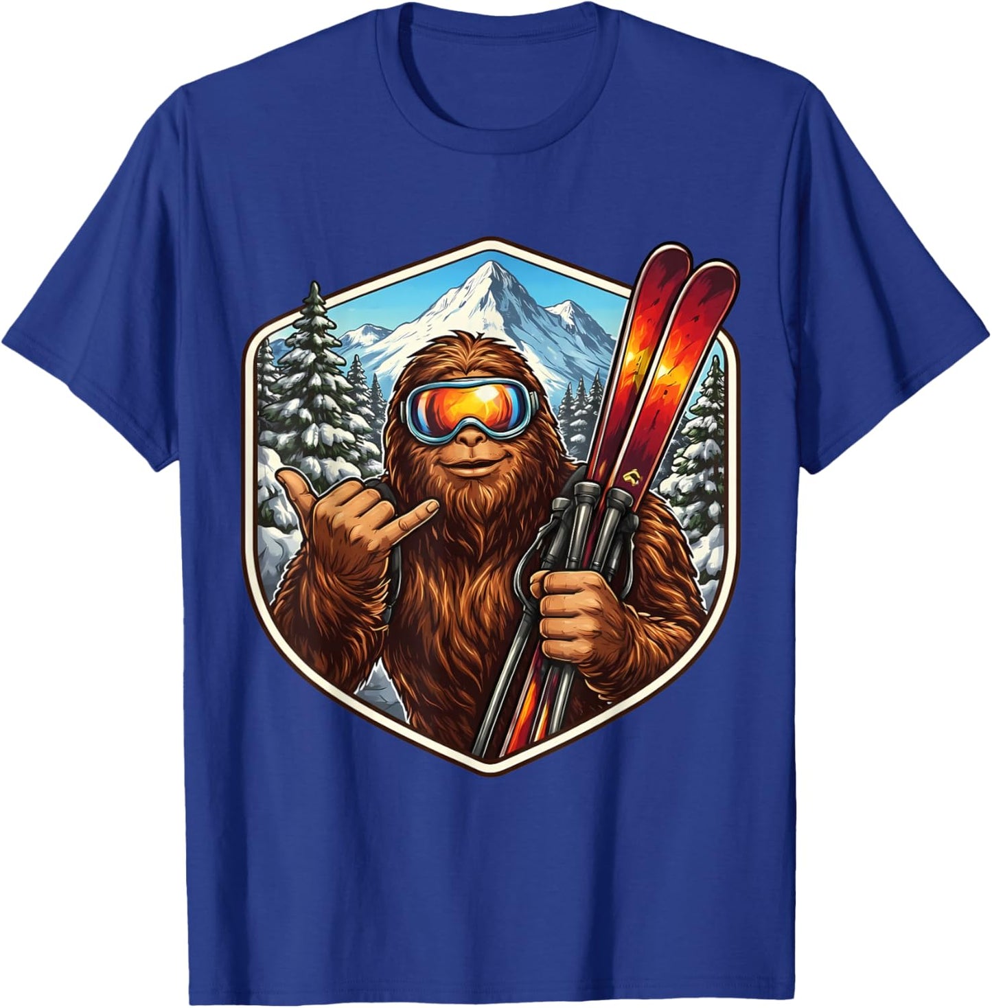 Sasquatch Skiing Big-Foot Shaka Ski Lover Skier Mountain Fun T-Shirt - T-Shirt | Royal