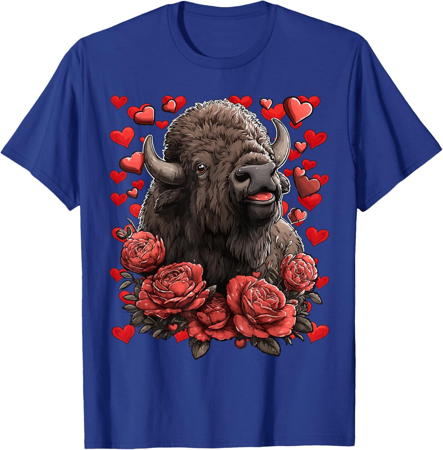 Cute Bison with Red Roses Hearts Valentine’s Day Animal T-Shirt - T-Shirt | Royal