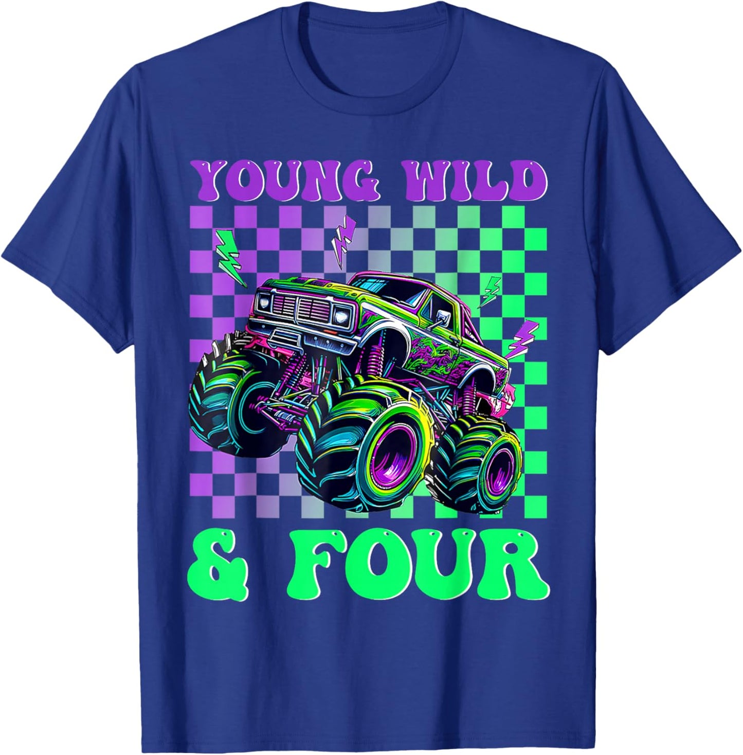 Kids 4th Birthday Boy Monster Truck Young Wild and Four T-Shirt - T-Shirt | Royal