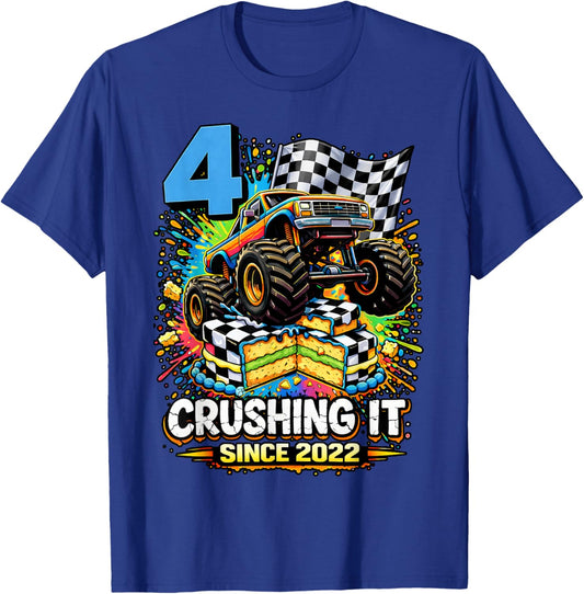 Birthday Monster Truck 4 Year Old Boys 4th Party Born 2022 T-Shirt - T-Shirt | Royal