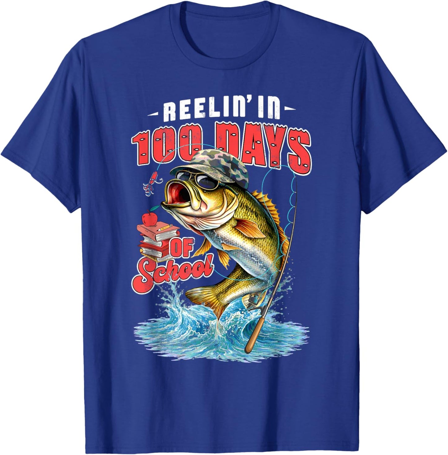 Reelin’ in 100 Days of School Camo Bass Fishing Teacher Boys T-Shirt - T-Shirt | Royal