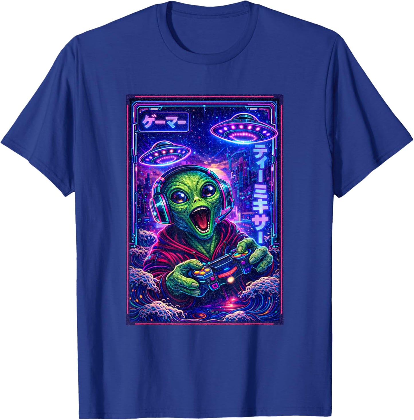 Japanese Synthwave Sci Fi UFO Alien Graphic Cool Gamer T-Shirt - T-Shirt | Royal