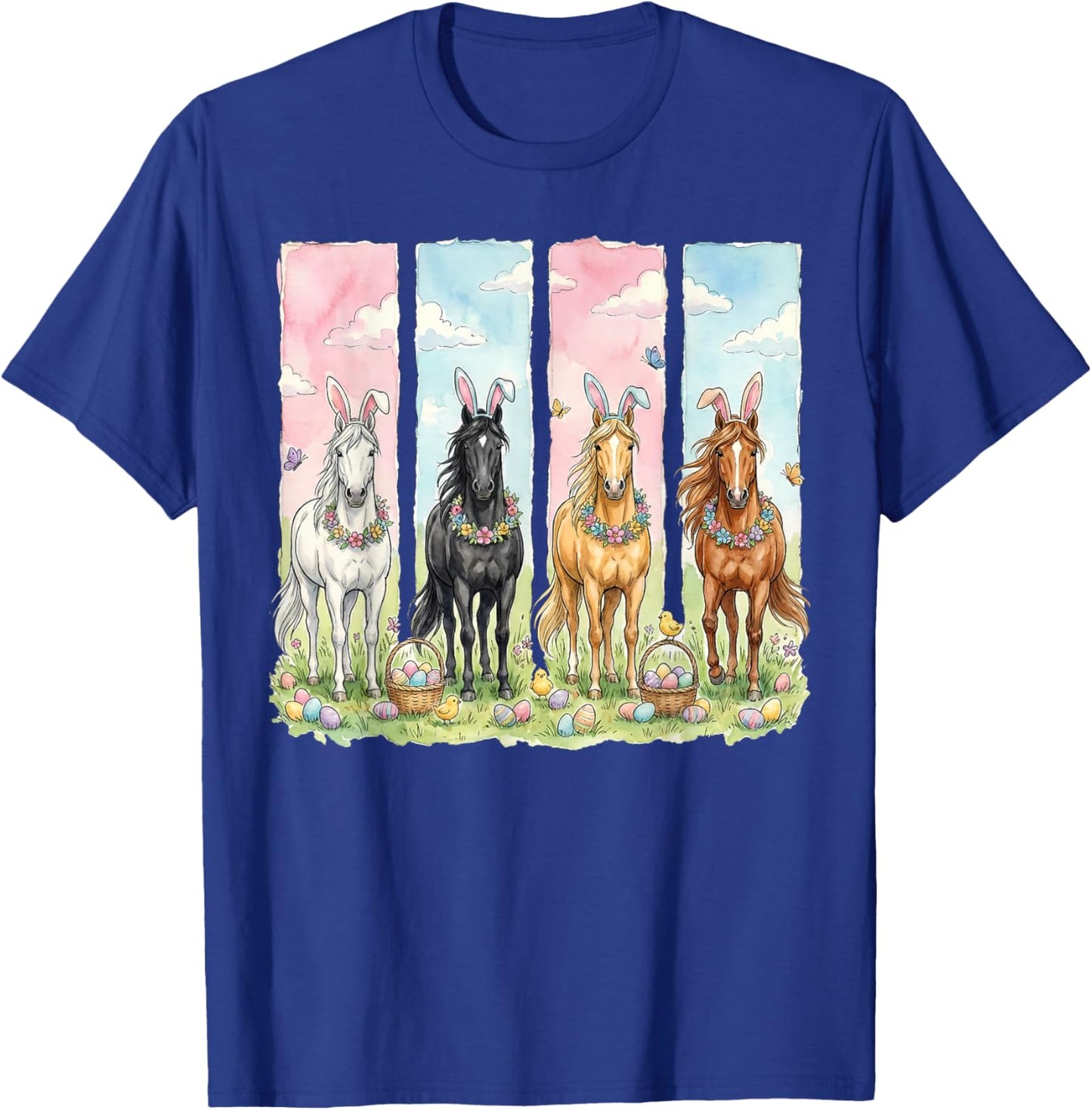 Easter Horses with Bunny and Flowers Design T-Shirt - T-Shirt | Royal