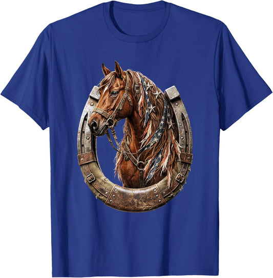 Patriotic Horse American Flag Horseshoe T-Shirt - T-Shirt | Royal