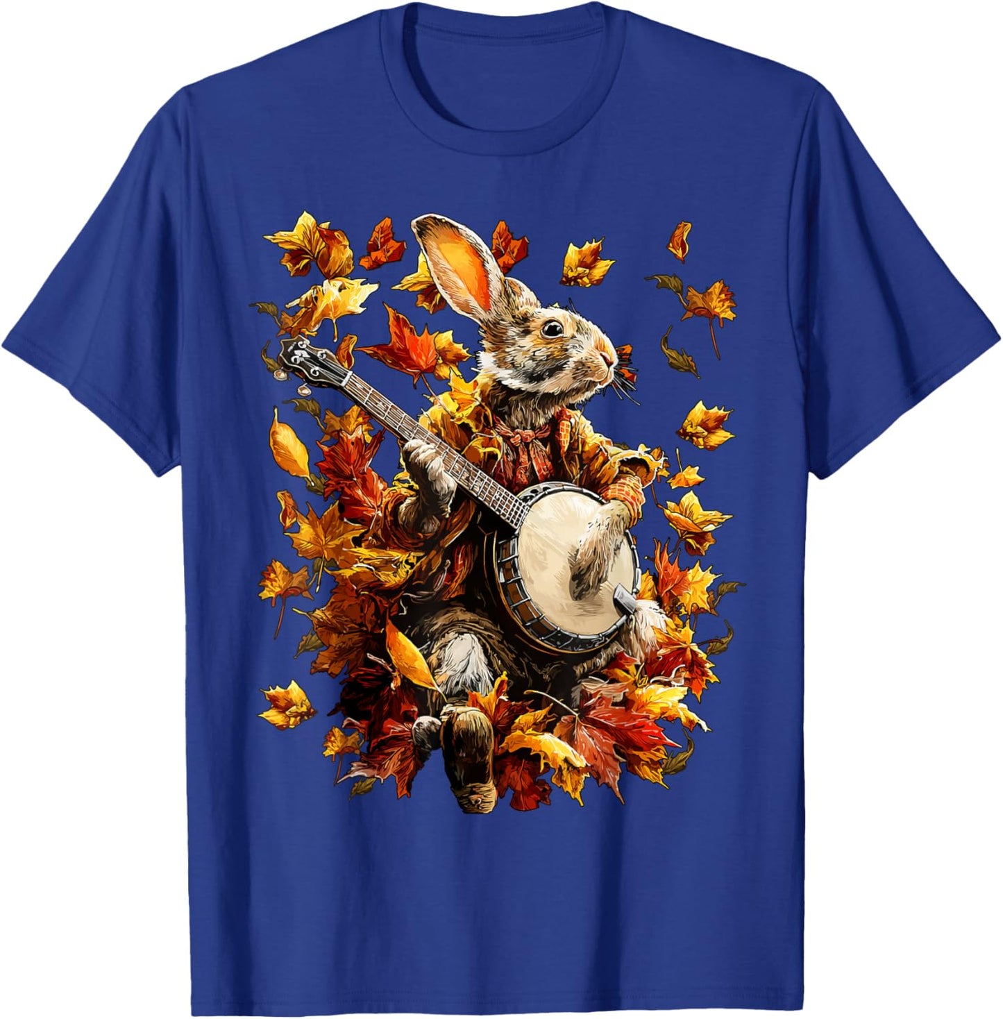 Banjoist Rabbit Playing Banjo Picker Fall Leaves Autumn Art T-Shirt - T-Shirt | Royal