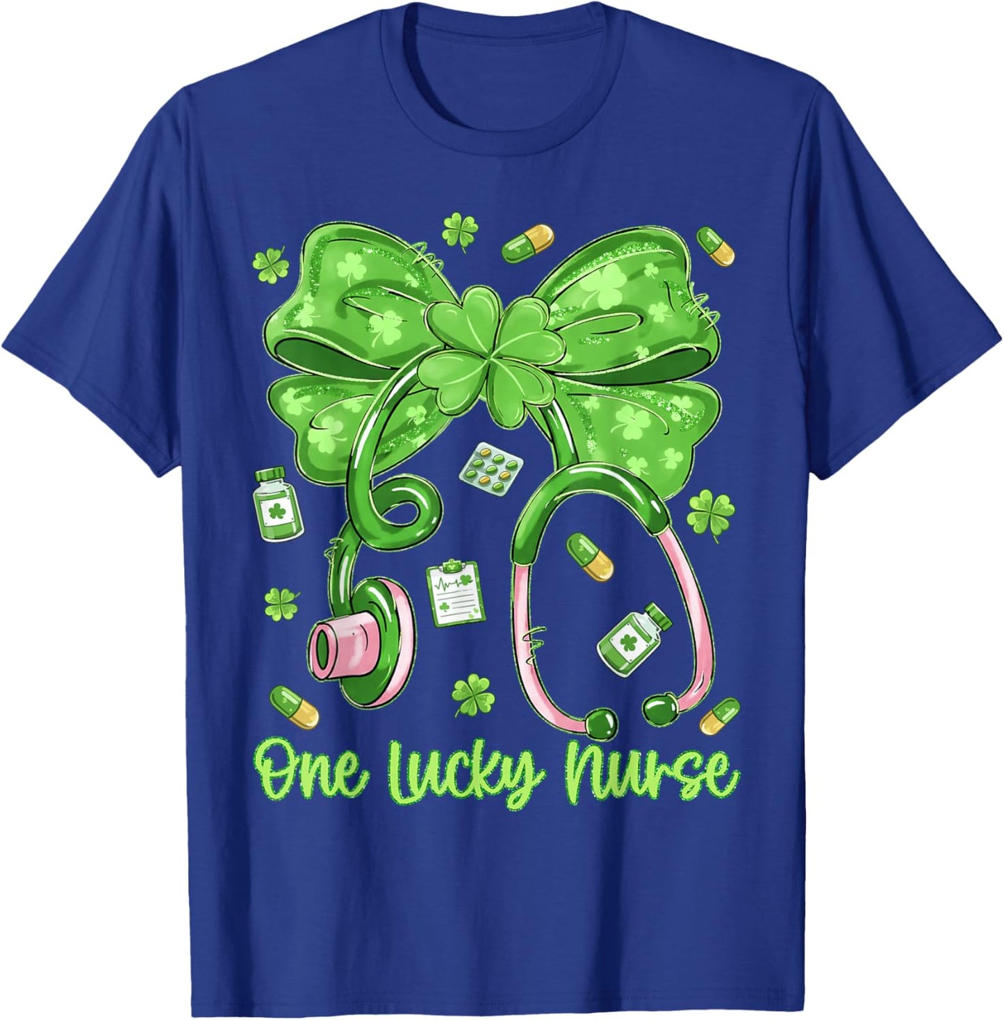 One Lucky Nurse Saint Paddys RN St Patricks Day Bow Nurses T-Shirt - T-Shirt | Royal