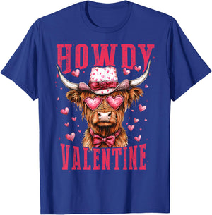 Retro Howdy Valentine Western Highland Cow Heart Glasses T-Shirt - T-Shirt | Royal