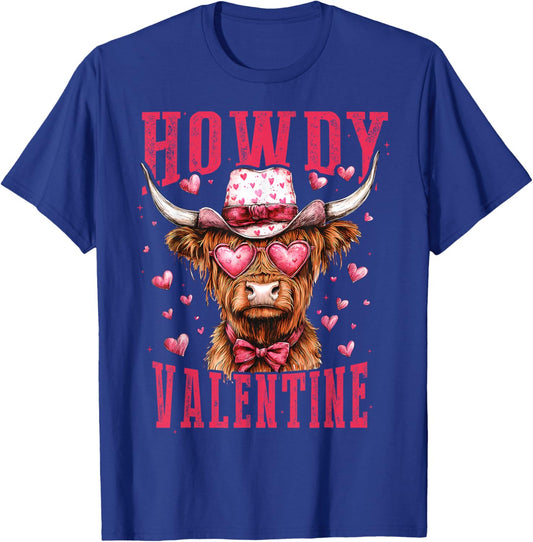 Retro Howdy Valentine Western Highland Cow Heart Glasses T-Shirt - T-Shirt | Royal