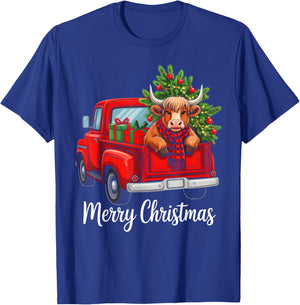 Merry Christmas Highland Cow Santa Hat Red Truck Xmas Tree T-Shirt - T-Shirt | Royal