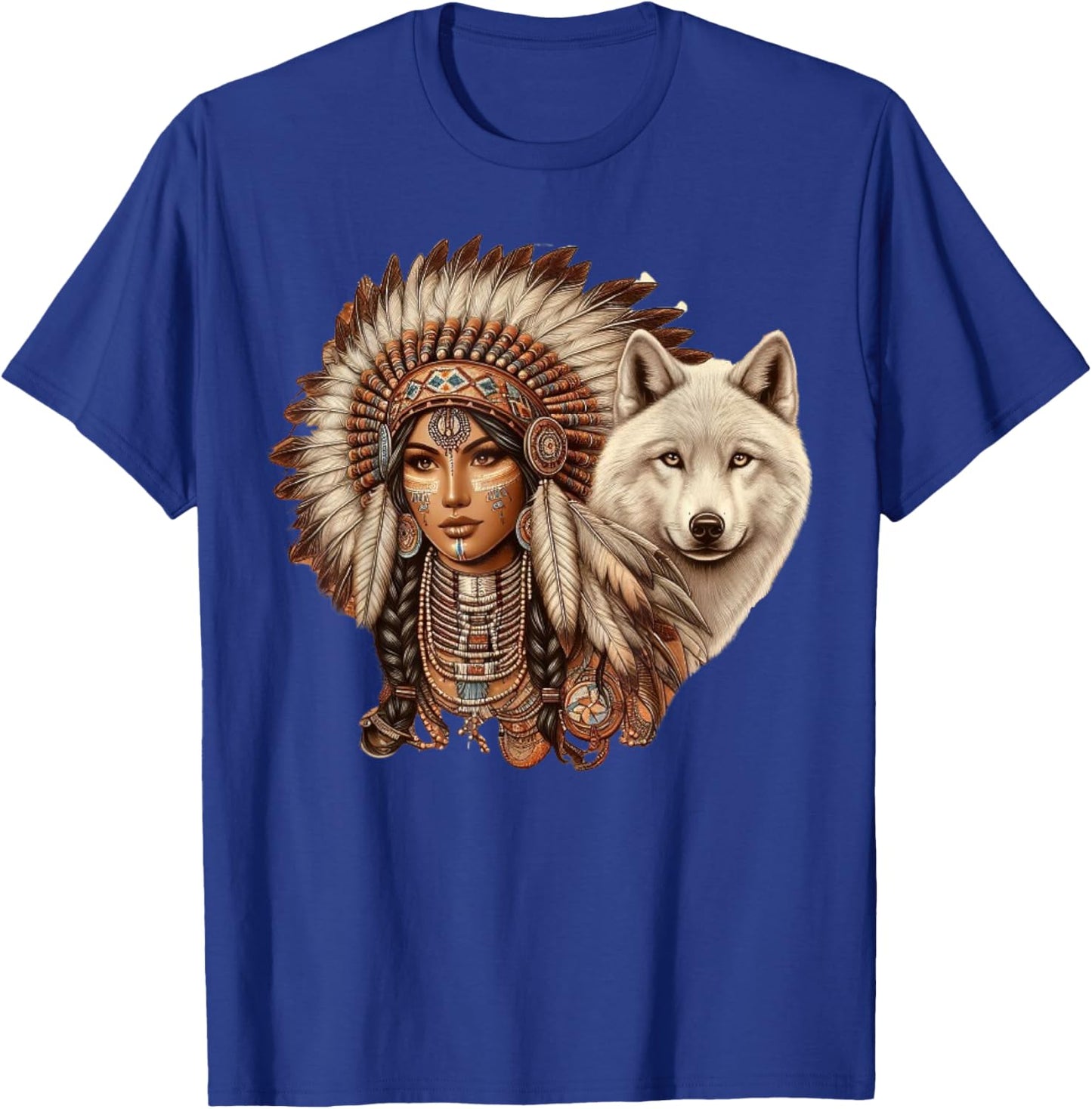 Indian Native American Woman with White Wolf Vintage T-Shirt - T-Shirt | Royal
