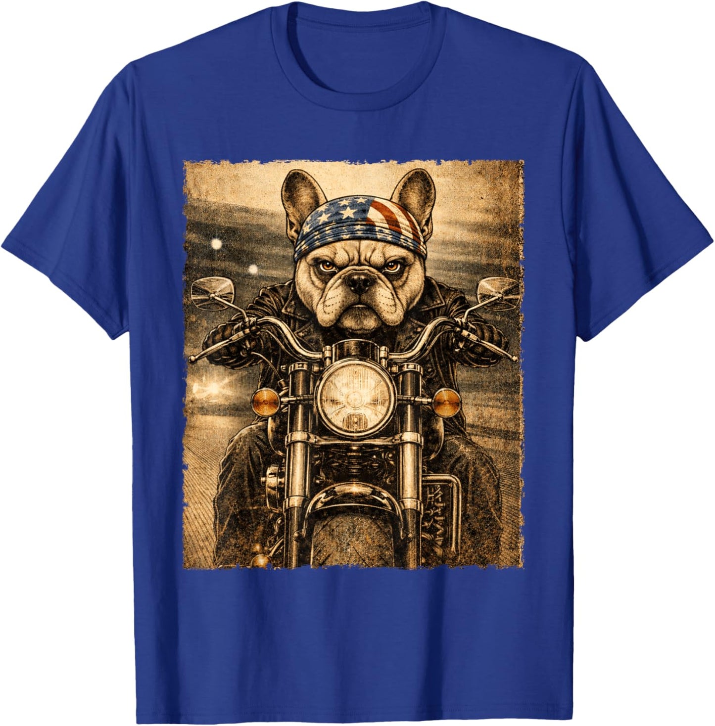 Vintage French Bulldog Dog Biker Frenchie Riding Motorcycle T-Shirt - T-Shirt | Royal