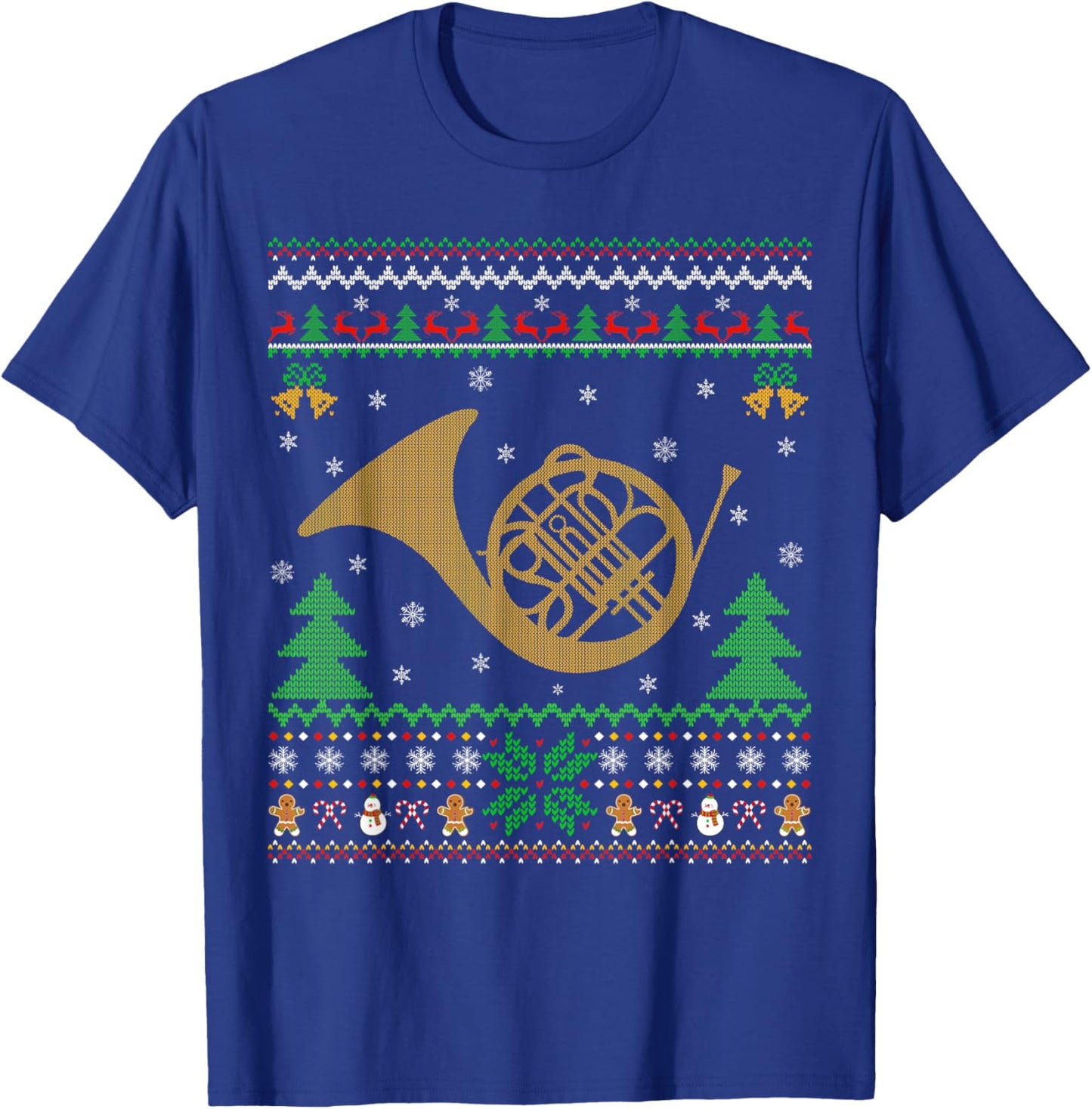 French Horn Ugly Christmas Sweaters Music Player Xmas T-Shirt - T-Shirt | Royal