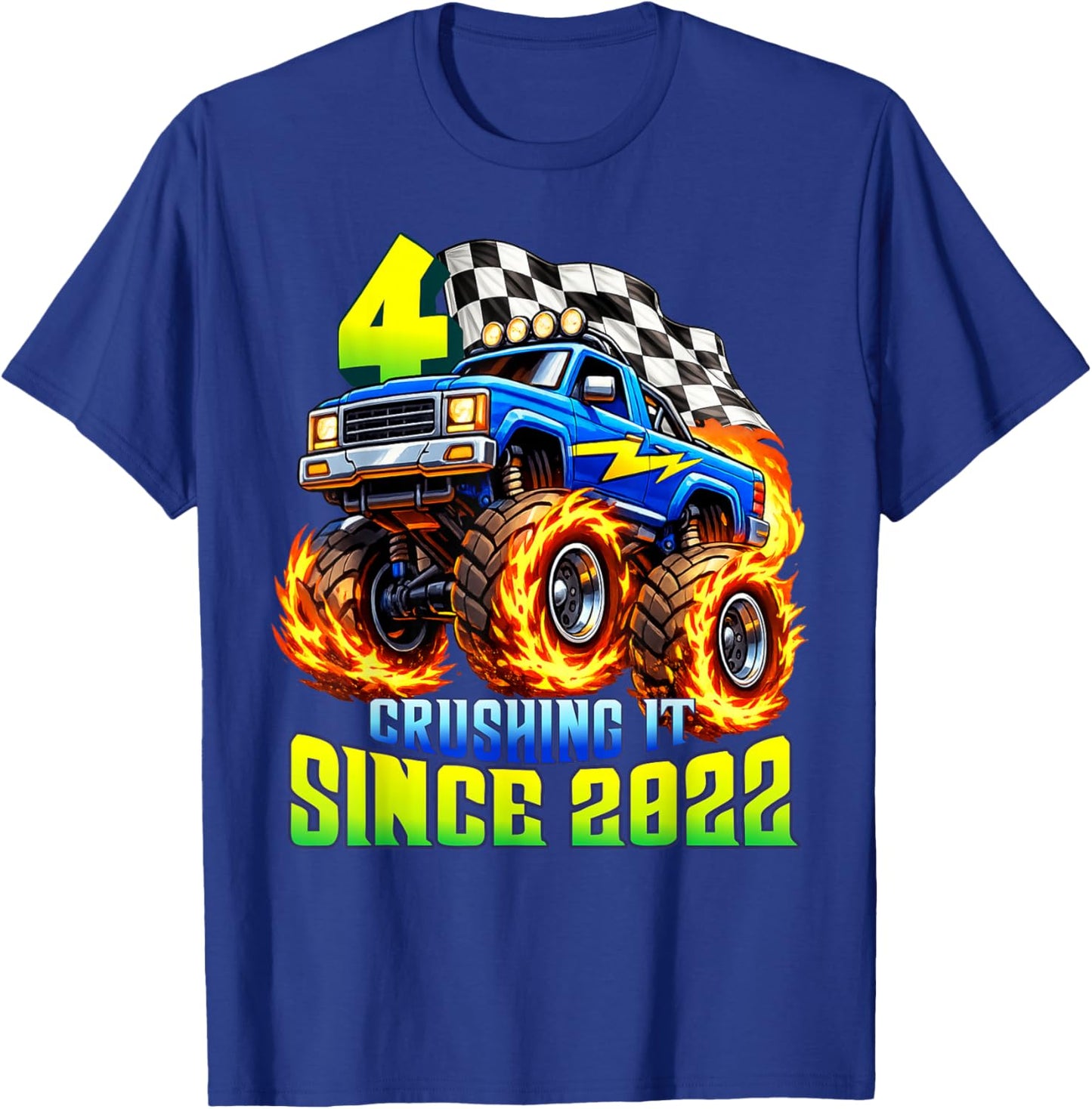 Monster Truck 4th Birthday Crushing It Since 2022 Party Boys T-Shirt - T-Shirt | Royal