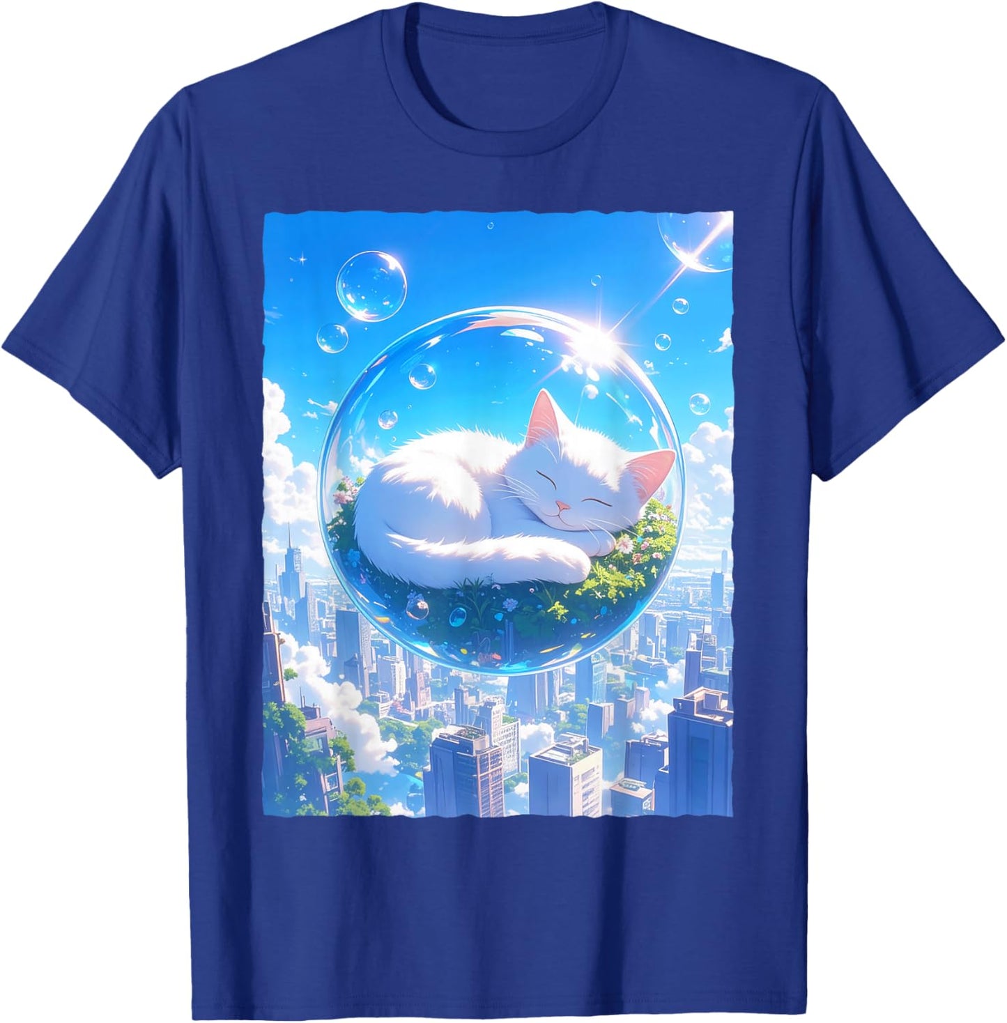 Frutiger Aero Kawaii Sleeping Cat in Bubble Aesthetic T-Shirt - T-Shirt | Royal